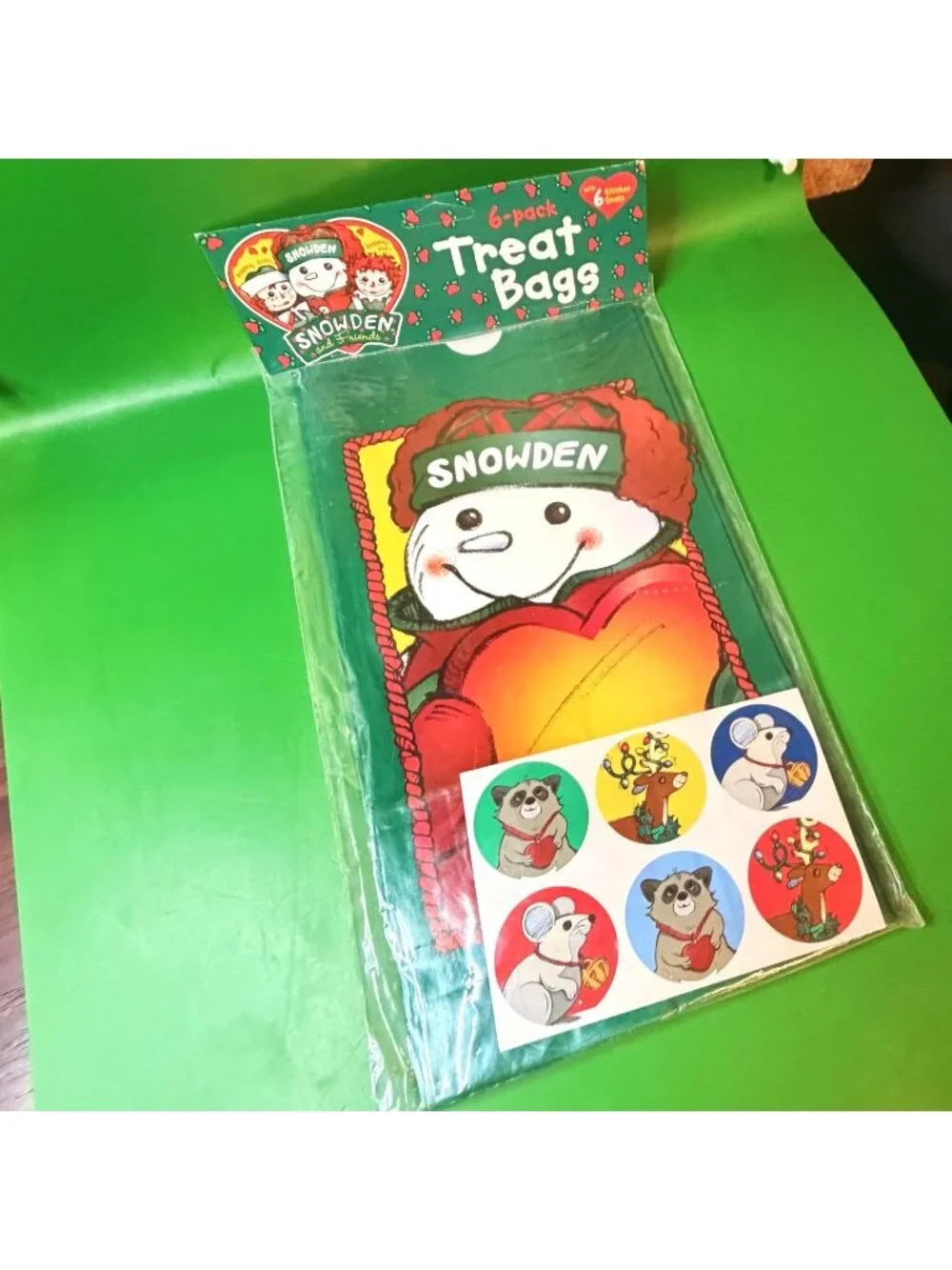 Snowden & Friends Vintage 1998 Snowman Christmas Treat Bags 6 Pack Stickers NOS